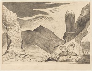 Der Kreis der Fälscher; Dante und Virgil halten sich wegen des Gestanks die Nasen zu