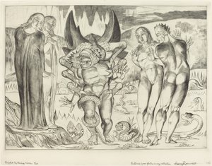Der Kreis der Diebe; Agnolo Brunelleschi wird von einer sechsfingrigen Schlange angegriffen von William Blake
