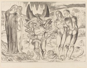 Der Kreis der Diebe, Agnolo Brunelleschi von einer sechsfingrigen Schlange angegriffen, 1827 von William Blake