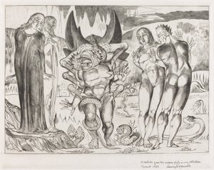 Der Kreis der Diebe, Agnolo Brunelleschi wird von einer sechsfüßigen Schlange angegriffen von William Blake