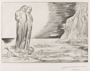 Der Kreis der Verräter, Dantes Fuß tritt Bocca degli Abbate, 1827 von William Blake