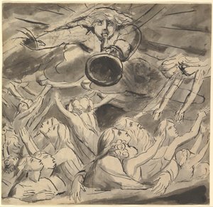 Die letzte Posaune (Recto); zwei Studien eines rechten Auges, das Profil eines jungen Mannes mit offenem Mund, der Kopf eines Adlers und der Kopf eines Löwen (Verso) von William Blake