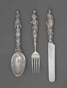 Set aus Kinderbesteck (Messer, Gabel und Löffel), ca. 1865-1874