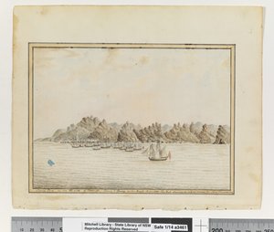 Gegenüber S. 19. `Santa Cruz auf der SE-Seite von Teneriffa; Sirius & Konvoi in den Straßen. Juni 1787. Der Gipfel zeigt sich in einer Lücke zwischen zwei anderen Bergen