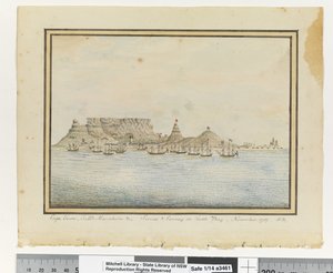 Gegenüber S. 46. `Kapstadt, Tafelberg &c; Sirius & Konvoi in der Tafelbucht, November. 1787