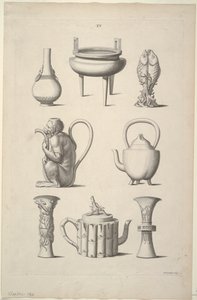Entwürfe für Geschirr, Tafel XV von Entwürfe chinesischer Gebäude, Möbel, Kleider, Maschinen und Utensilien von William Chambers