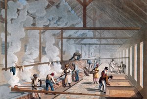 Innenansicht eines Kochhauses auf einer Zuckerplantage in „Zehn Ansichten der Insel Antigua, in denen der Zuckerherstellungsprozess und die Beschäftigung der Neger dargestellt sind“ von William Clark. 1823.