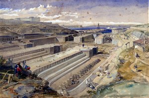 Docks in Sewastopol mit den Ruinen des Fort St. Paul, 1855 von William Crimea Simpson