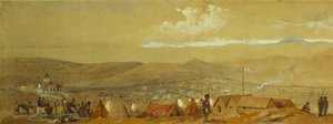 Die Krim: Panoramablick auf Sewastopol mit den Militärlagern und dem Hafen; und ein Panoramablick auf Inkerman mit einem Militärlager und Kavallerie bei Sonnenaufgang