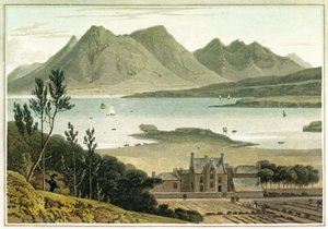 Westansicht von der Insel Raasay (Schottland), mit Beschreibung eines großen Gebäudes und seiner angrenzenden Gärten. Farbradierung von William Daniell (1769-1837) von William Daniell