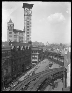 Blick von oben auf die Kreuzung von Flatbush Avenue und Fulton Street, Brooklyn, New York, 5. September 1914 von William Davis Hassler
