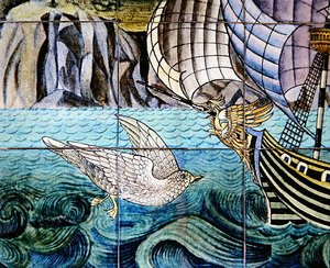 Fliesen, die eine Galeone darstellen
