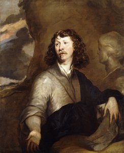 Porträt eines Gentlemans, möglicherweise der Künstler, halblang, in einem braunen Umhang und blauer Wickel, neben einer Marmorbüste, in einer felsigen Landschaft von William Dobson