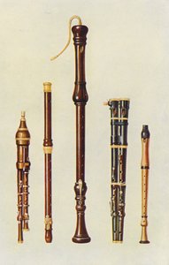 Musikinstrumente: Zwei Doppel-Flageoletts, eine Deutsche Flöte und zwei Flöten Douces