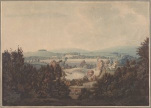 Landschaft mit Fluss und Brücke