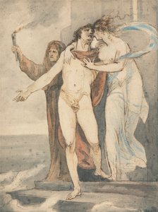 Leander verabschiedet sich von Hero, bevor er zurück über den Hellespont schwimmt