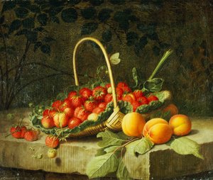 Ein Korb Erdbeeren mit Pfirsichen auf einem Stein Sims, 1856
