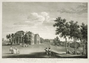 Ansicht des Hauses und eines Teils des Gartens in West Wycombe, Buckinghamshire, graviert von William Woollett von William Hannan