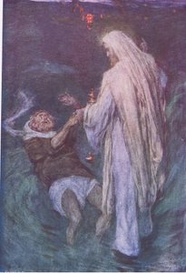Christus geht auf dem Meer, aus Die Bibelgeschichte, veröffentlicht von Hodder & Stoughton, ca. 1930