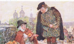 Shakespeare kauft eine Orange von einer Frau auf dem Tower Hill, aus My Magazine, veröffentlicht 1922 von William Hatherell