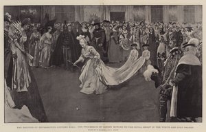 Der Kostümball der Herzogin von Devonshire, die Prozession der Gäste verneigt sich vor der königlichen Gruppe im weißen und goldenen Salon, 1897 von William Hatherell