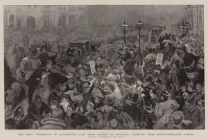 Die große Prozession der Automobilwagen von London nach Brighton, Start von der Northumberland Avenue von William Hatherell