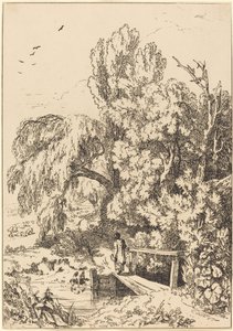 Landschaft mit Bäumen, Mädchen überquert Fußbrücke
