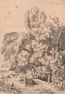 Landschaft mit Bäumen, Mädchen überquert Fußbrücke von William Havell