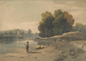 Flusslandschaft mit Junge und Schafen von William Havell