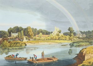 Staines Church mit City Stone am Ufer des Flusses, graviert von Robert Havell der Jüngere, veröffentlicht 1818