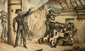 Marineinfanteristen in Aktion an Bord eines unbekannten Kriegsschiffs, ca. 1835