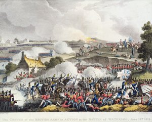 Das Zentrum der britischen Armee in Aktion in der Schlacht von Waterloo, 18. Juni 1815, graviert von Sutherland