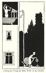 Eine Pumpe zur Nutzung des Badewassers im Garten von William Heath Robinson