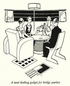 Ein praktisches Kartengebergerät für Bridge-Partys (Lithografie) von William Heath Robinson
