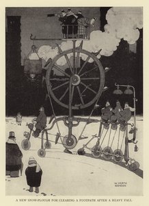 Ein neuer Schneepflug zum Räumen eines Gehwegs nach starkem Schneefall von William Heath Robinson