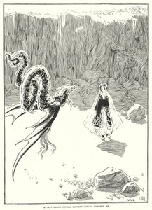 Eine sehr große geflügelte Schlange kam auf mich zu von William Heath Robinson