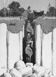 Akt der Freundlichkeit, Rücksichtnahme von drei Herren, die einer Dame über einen Abgrund helfen von William Heath Robinson