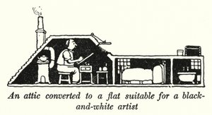 Ein Dachboden, umgebaut zu einer Wohnung, geeignet für einen Schwarz-Weiß-Künstler (Lithografie) von William Heath Robinson