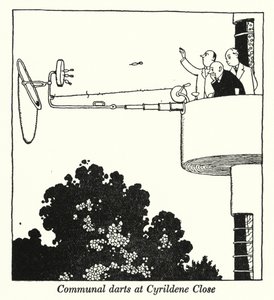 Gemeinschaftsdarts in Cyrildene Close (Lithografie) von William Heath Robinson