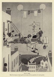 Flaches Leben, wie der Mieter der obersten Wohnung alle Annehmlichkeiten eines Hintergartens genießen kann von William Heath Robinson