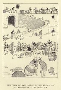 Wie sie die Tartans auf die Kilts in einer alten Kilt-Werkstatt in den Highlands aufbringen von William Heath Robinson