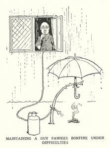 Ein Guy-Fawkes-Feuer unter schwierigen Bedingungen aufrechterhalten (Lithografie) von William Heath Robinson