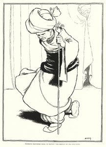 Mesrour eilte zurück, um das Ergebnis seiner Nachforschungen zu berichten (Gravur) von William Heath Robinson