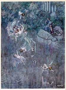 Oberon: und lasse ihn mit der schönen Aegle seinen Glauben brechen, aus Ein Sommernachtstraum, veröffentlicht 1914 von William Heath Robinson