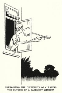 Überwindung der Schwierigkeit, die Außenseite eines Flügelfensters zu reinigen von William Heath Robinson