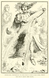 Petruchio, der vorgab, an jedem Gericht etwas auszusetzen zu haben, warf das Fleisch auf den Boden von William Heath Robinson