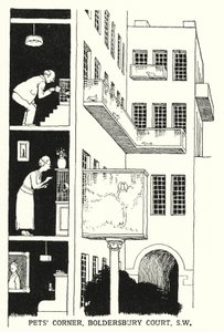 Haustierecke, Boldersbury Court, SW von William Heath Robinson