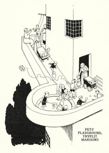 Spielplatz für Haustiere, Tryplit Mansions (Lithografie) von William Heath Robinson