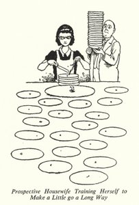 Zukünftige Hausfrau trainiert sich, mit wenig auszukommen (Lithografie) von William Heath Robinson