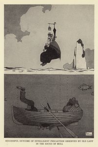 Erfolgreiches Ergebnis intelligenter Vorsicht beobachtet von einer alten Dame im Sound of Mull von William Heath Robinson